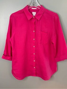 Chico’s Fresh Chic 100% Linen Botanic Berry 3/4 Sleeve Button Down Shirt M 8-10